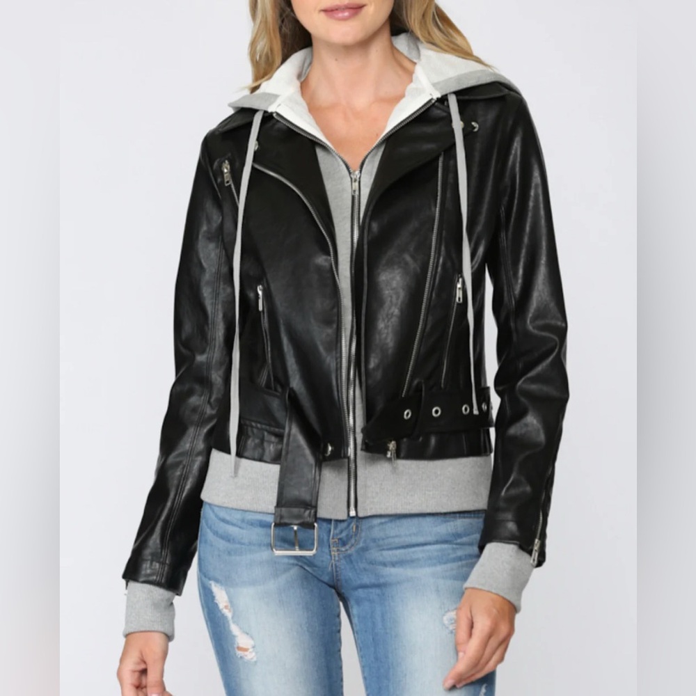 Fate Womens Jacket Small Black Hoodie Hybrid Faux Leather‎ Vici Double Zipper